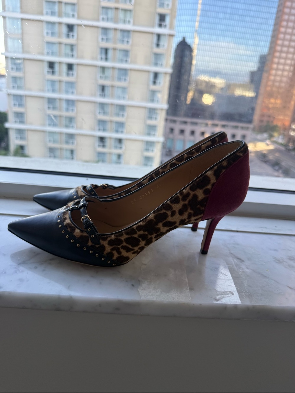 Salvatore Ferragamo Leopard Print Pumps with Black Toe and Burgundy Heel